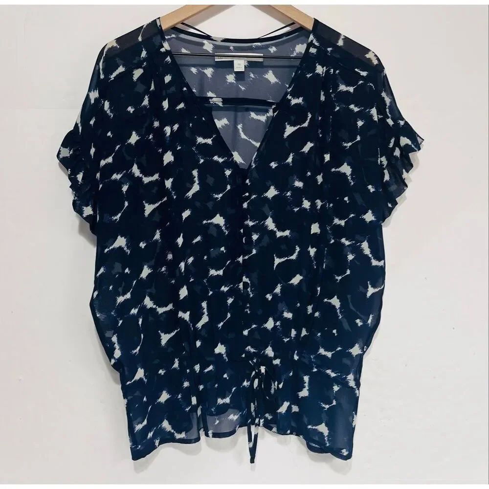 LC Lauren Conrad Sheer Navy Blue And White Pattern Tied Waist Blouse   Size XS